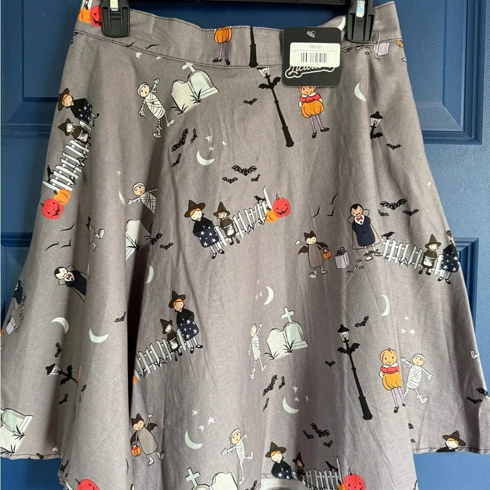 Retrolicious Gray 2 piece Halloween Dress with Vintage Trick-or-Treat Print. NWT